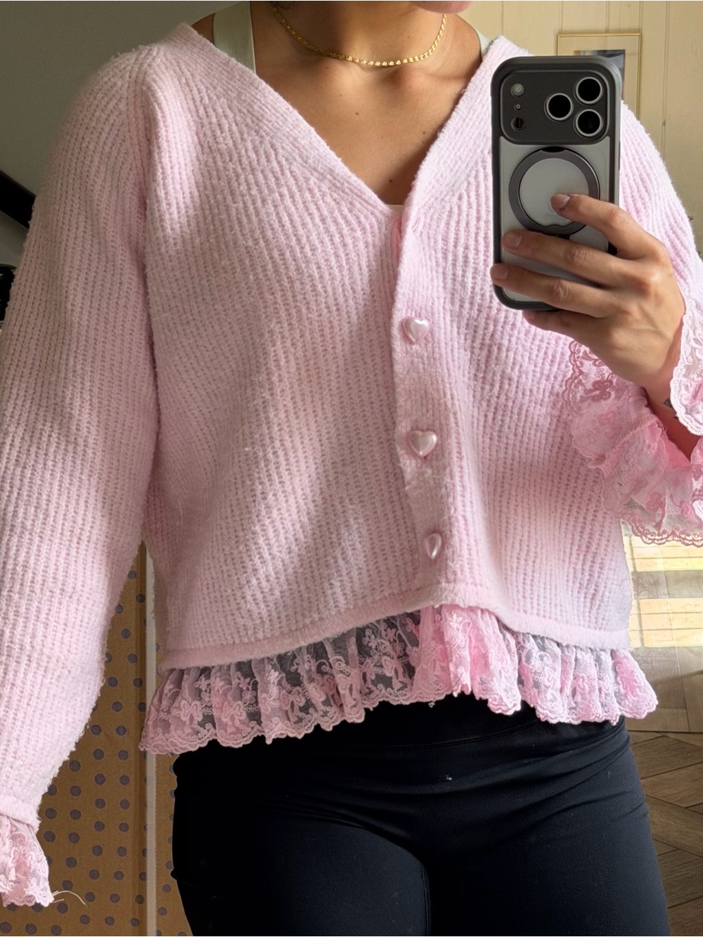 Altar'd State Pastel Pink V‑Neck Knit Cardigan with Lace Trim